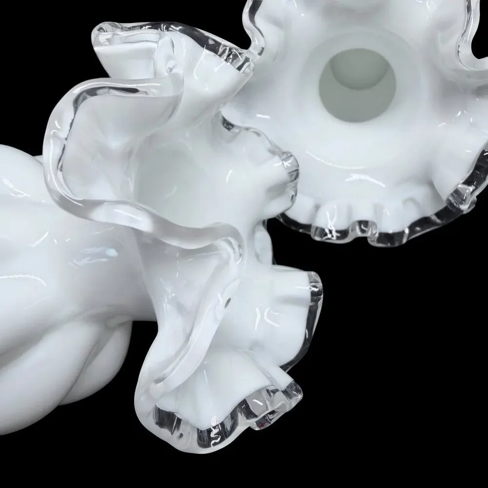 Vtg Fenton White Milk Glass Vase Clear Silver Crest Ruffled Rim Set of 2 Small
